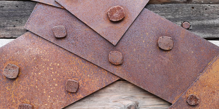 Closeup texture of rusty iron sheets bolted to aged wooden planks.Wallpaper