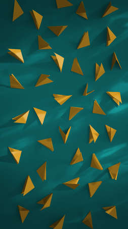 Abstract close up of 3D paper fortuna gold triangles folded in geometric shapes on trend tidewater green background with shadows and natural light.Vertical banner, copy space.Design in pop art style.の写真素材
