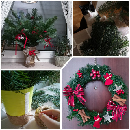 Collage home-made Christmas decor,wreath,cat,jute twine pot with fir branchesの写真素材