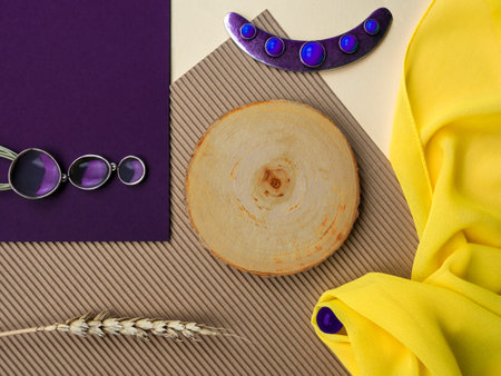 Tree stump on beige corrugated cardboard,yellow semi-transparent folded wavy fabric,one dark glass ball,3 ceramic circles in pendant,metal crescent of blue purple natural stone inserts,dried wheat earの写真素材