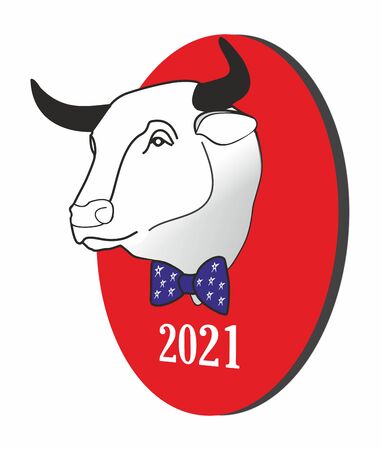 The head of a white bull on an oval medallion. The symbol of the new year 2021. A bull in a blue bow tie with white stars, on a red background. Emblem of the new year in the color of the american flagの写真素材