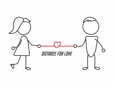 Lovers keep a social distance. Despite the prohibitions, people love each other, even at a distance. Distance is not an obstacle to love. Vector illustration of love at a distance. Simple line drawingのイラスト素材