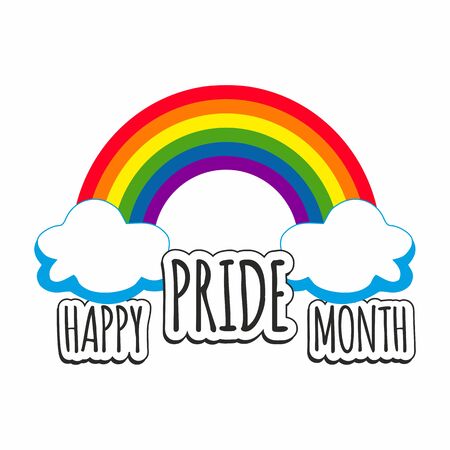A bright rainbow is a symbol of the flag of the LGBT community and the inscription Happy pride month.のイラスト素材