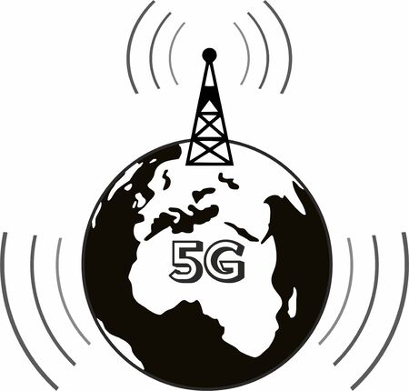 Planet Earth (globe) and 5G tower, radiation waves. The effect of 5G radiation on humans, the ecology of the planet, the health of mankind. Black white vector icon, illustration for article, design.のイラスト素材
