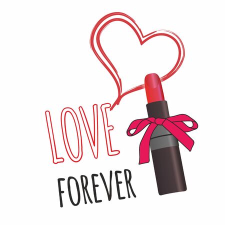 Red lipstick tied with a scarlet ribbon. Lipstick imprint in the shape of a heart. Caption: love forever. Lipstick, heart and the inscription on a white sheet of paper. Love message, place for text.の写真素材