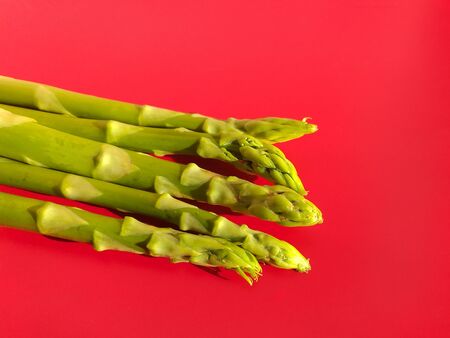 Fresh young shoots of asparagus, seasonal seasonal product. Sprouts of green young asparagus on a bright red background. Photo from above. Space for text.の写真素材