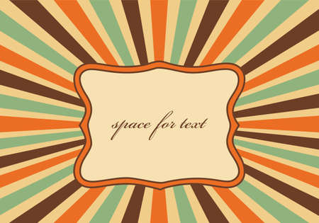 Vintage vector background: brown, orange and turquoise rays on a beige background and a frame in the center with space for text. Abstract card, banner with colorful stripes and centerpiece for text.のイラスト素材
