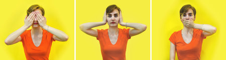 Collage of three photos of a young woman covering her eyes, ears and mouth on a yellow background. Gesture: I don't hear anything, I don't see anything, I won't say anything. Selective focusの写真素材