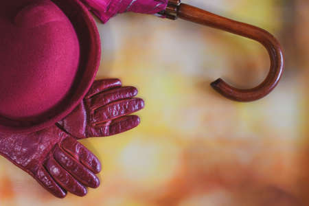 Hat, leather gloves and umbrella on a blurred autumn background. Seasonal accessories for autumn walks. Autumn flat lay, top view. Elegant burgundy accessories. Place for text.の写真素材