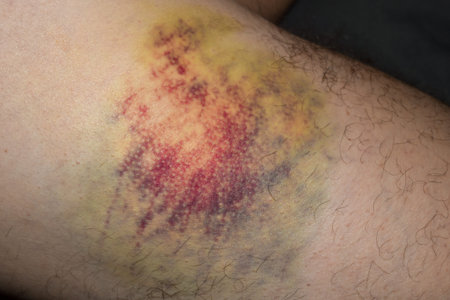 huge multi-colored bruise on body. Close-up is wounded leg with bruise and abrasion. Injured skin....