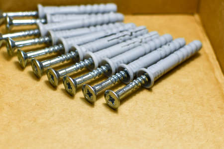 group of dowels and nails on the bottom of cardboard box. Storage of materials for repair. Dowels for fixing to concrete. Components, quick installation. self tapping screws in cardboard box close-upの写真素材
