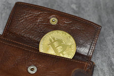 Bitcoin in wallet. There is bitcoin coin in wallet pocket. Crypto currency in your wallet
