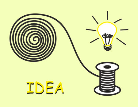 tangled thread is wound around spool. simple drawing of spool of thread and light bulb showing how to unravel tangled line into creative idea. Concept: elaboration of idea, inspiration, creativityのイラスト素材