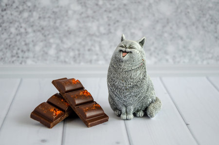 cute funny toy cat with a smile looks at a delicious sweet chocolate bar lying nearby. Concept: diet, refusal of sweets, proper nutrition. Humorous postcard, poster, space for textの写真素材