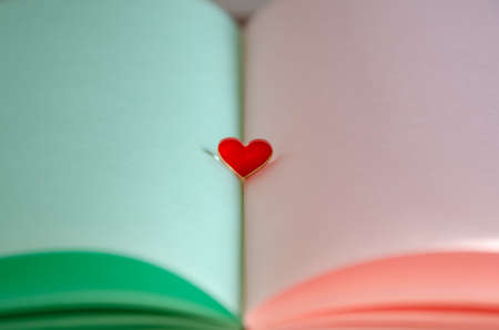 Delicate card in pastel colors. An open book with pale green and pink pages and red glass heart in center. Congratulations on wedding, Valentine's Day. space for text.の写真素材