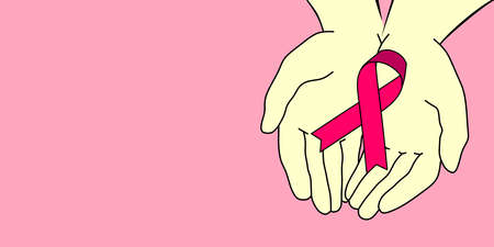 Breast cancer illustration with pink ribbon. banner for Breast Cancer Awareness Month. Pink ribbon on the palms, space for text. Breast cancer control, women's health.のイラスト素材