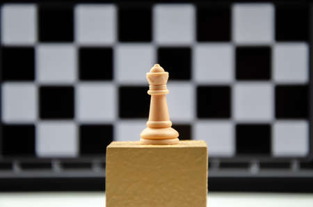 Chess piece - the queen stands on the podium against the background of the chessboard cells. The concept of leadership, victory, logic and goal achievement. chess queen close-upの写真素材