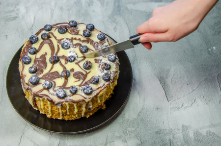 womans hand cuts large homemade cake with knife on the background of a concrete tabletopの写真素材