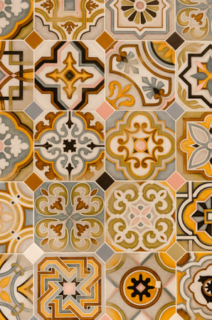 Texture of Moroccan ceramic tiles. ceramic tiles in oriental style. Portuguese tiles. Background of colorful vintage ceramic tiles, wall, floor decoration.の写真素材