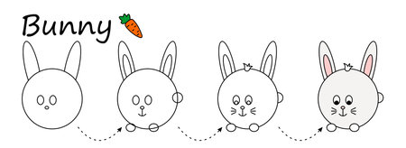 Kid coloring worksheet, Step by step instructions for drawing bunny. Easy educational game for preschool childrenのイラスト素材