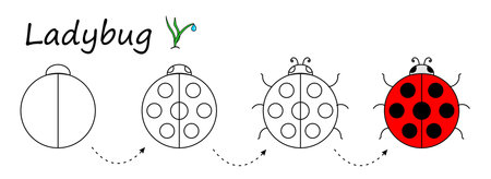 worksheet for step by step drawing ladybug. teaching basic drawing. Children's coloring, draw a ladybug. Easy educational game for children of preschool and primary school ageのイラスト素材