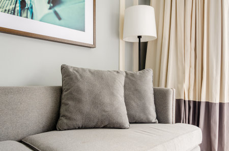 details of the cozy interior of the living room. Two fabric sofa cushions lie on a gray sofaの写真素材