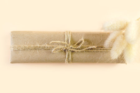 gift box in kraft paper and tied with twine on beige background. Vintage box made of brown eco-paper