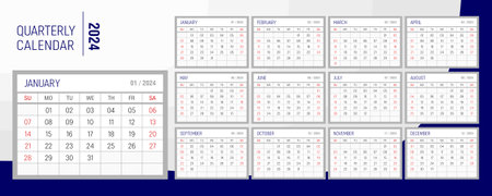 Calendar 2024 year. week starts on Sunday. Calendar grid, monthly quarterly calendar, plannerのイラスト素材