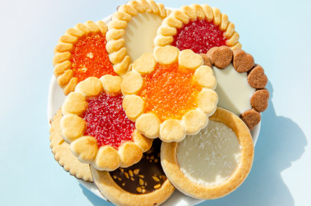 cookies on plate against blue background. round cookies laid out on saucer. copy space, top viewの写真素材