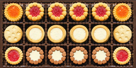Texture close-up, mix cookies in box. round biscuit cookies with various fillings. Packing cookiesの写真素材