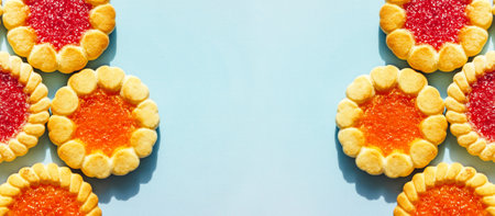 Round cookies are laid out on a blue background in the form of a frame, copy space for text. Flat lay, top view. food backgroundの写真素材