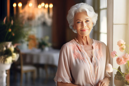 An elegant elderly woman with white short hair, a gentle smile, stands by the window against the background of a classic home interior.の素材