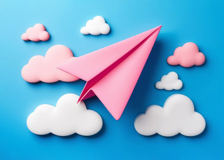 Pink paper airplane on a blue background with voluminous white clouds. 3D, cartoon, volumetric elements. Flat layの素材