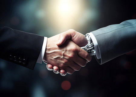 Close-up of a business handshake between a human and a robot, human interaction with artificial intelligence, modern technologiesの素材