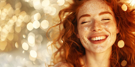 beautiful laughing red-haired young woman with long curly hair on a bright shiny bokeh background.の素材