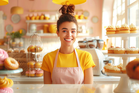 Friendly young female seller in a cozy home bakery stands behind the counter on a sunny dayの素材