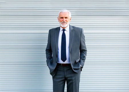 An elegant elderly businessman with white hair and beard in a business suit and tie, stands against the background of a gray exterior wall, with his hands in his pockets.の素材