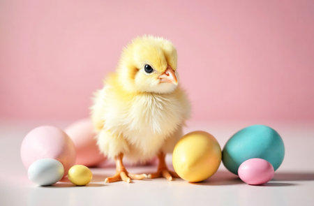 Easter background, postcard. Cute fluffy chicken with colorful Easter eggs on a delicate pastel background. Space for text.の素材