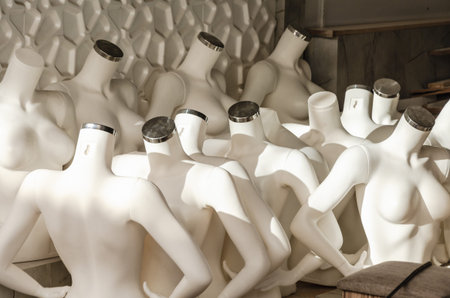 Headless mannequins are arranged closely in a display room, showcasing a variety of torso shapes....