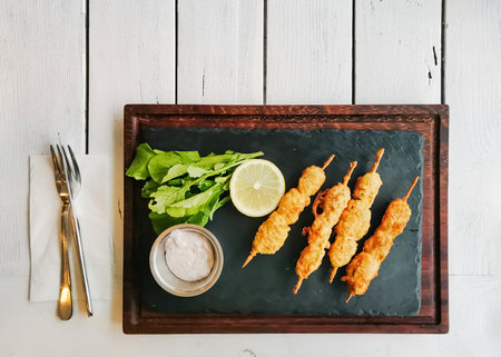 skewers are artistically arranged on a slate platter accompanied by fresh greens, a lemon slice, and dipping sauce. Flatware is set on a napkin beside the platter on a light wooden table.の写真素材