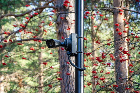 Surveillance camera mounted on a pole amidst a natural park environment. Red berries and greenery provide contrast, highlighting technology blending into nature.の写真素材