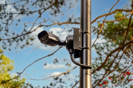 Surveillance camera mounted on a pole monitoring an outdoor area. The camera is focused on providing security and observation, with trees and sky in the background.の写真素材