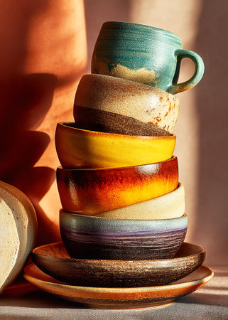 Ceramic cups and plates stacked artistically on an orange surface, showing rich, earthy colors and textures. The arrangement creates a warm and inviting still lifeの素材