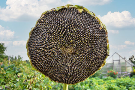 Large sunflower head with seeds on a stalk in a vibrant garden. Background features greenery and a greenhouse under a partly cloudy sky, highlighting the beauty of natureの写真素材