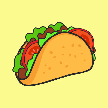 Vector illustration of a cartoon taco filled with lettuce, tomato, and meat on a yellow background. Colorful and playful Mexican fast food designのイラスト素材