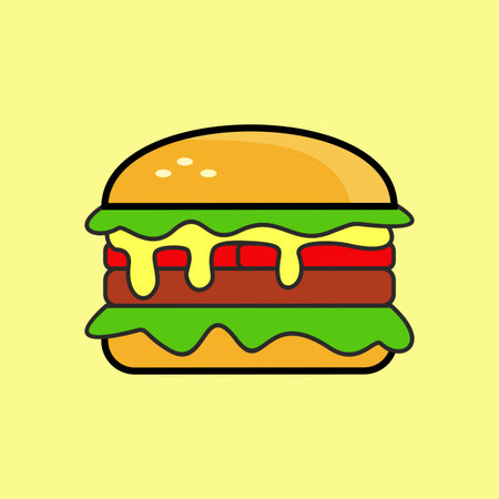 Vector illustration of a cartoon cheeseburger with lettuce, tomato, meat patty, and melted cheese on a yellow background. Bright and playful food flat designのイラスト素材