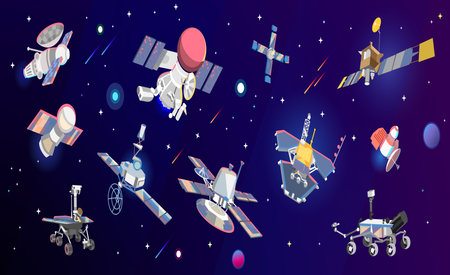 Space ships of Mars and Venus in the starry space. Vector illustration of a space set.