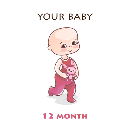 Monthly infant development. Stages of child development in the first year of life. One year old baby walks. Colorful vector Illustration isolated on white backgroundのイラスト素材