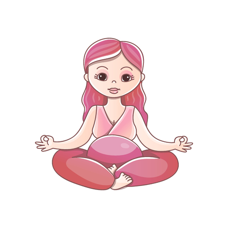 Pregnant woman practicing yoga in lotus pose. Pregnant woman doing yoga. Sports during pregnancyのイラスト素材