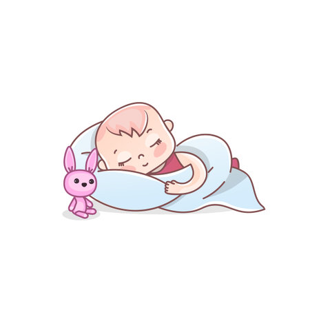 Cute babies sleeping under a blanket with a toy bunny. Sleeping baby in cartoon style, vector illustration isolated on white background.のイラスト素材